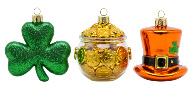 Green shamrock, gold coin jar, and orange leprechaun hat Christmas ornaments, festive St. Patrick's Day holiday decorations