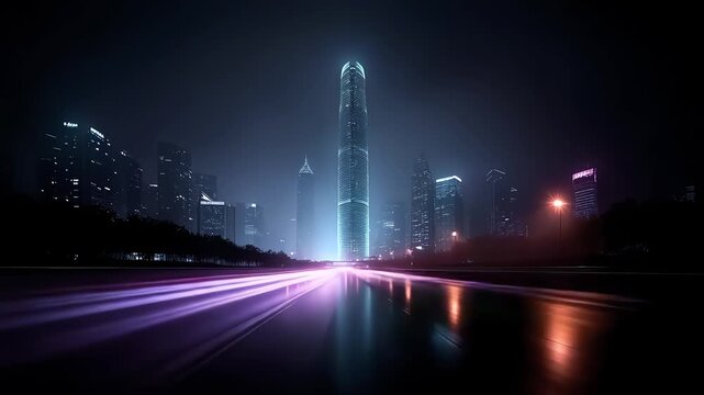 City Road Traffic Light Trails and Skyscrapers Intertwined at Night