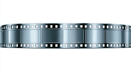 Obraz premium A film strip rolls across a white background, emphasizing its empty frames, This image can be utilized in projects related to filmmaking, photography, editing, or vintage art,