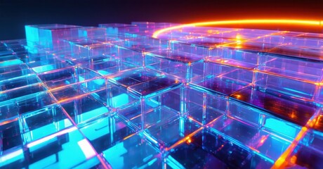 Abstract digital landscape. Glowing cubes, vibrant colors, futuristic design. Orange light streaks create dynamic visual effect.