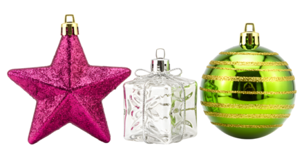 Pink star, clear gift box, and green striped Christmas tree ornaments isolated on white background, perfect for holiday decoration