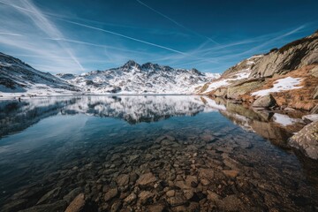 Snowy mountain lake mirroring azure sky