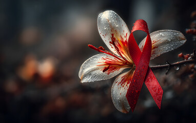World Aids Day horizontal banner with red ribbon and flower. High quality