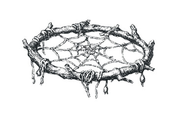 Obraz premium Hand drawn dreamcatcher amulet on transparent background. Vector hand drawn illustration