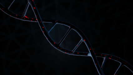 Dark abstract DNA helix with glowing red light particles in futuristic science concept