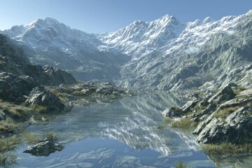 Fototapeta premium Mountain lake reflecting snowy peaks