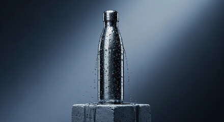 Photo of a sleek, metallic water bottle covered in refreshing water droplets sits on a textured stone pedestal