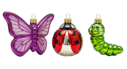 Set of colorful insect shaped Christmas ornaments featuring a purple butterfly, red ladybug, and green caterpillar, perfect for holiday decorations