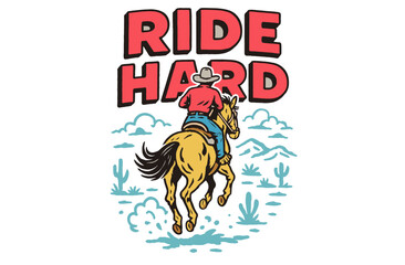 Keep Going Motivational Poster. Vintage Cowboy and Horse Illustration. Retro Western Adventure Artwork. Inspirational Quote Graphic.