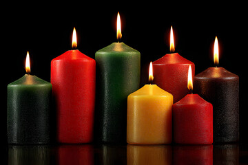 Colorful Kwanzaa candles in red, green, and yellow on black background. African American holiday, traditional event. Illustration for design greeting card, poster, invitation, banner with copy space