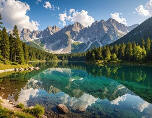 A tranquil alpine lake reflecting the majestic mountain peaks and lush green forests, creating a serene and picturesque landscape.