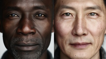 Photorealistic portraits of people of different ethnic backgrounds side by side, neutral expressions, plain background, generative ai illustration