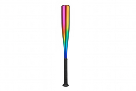 Colorful baseball bat vertical on transparent surface, displaying vivid shades of athletic equipment for dynamic sports imagery