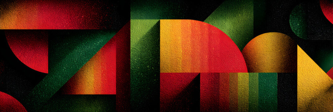 Juneteenth celebration design with abstract shapes and bold colors. Horizontal banner. Copy space. Kwanzaa. Black History Month. Abstract geometric red, yellow, green, black background