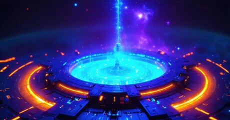 Obraz premium Futuristic structure emits bright energy beam. Circular design glows with vibrant blue, orange hues. Dark space surrounds complex technology.