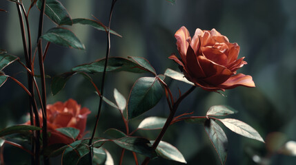 Red coral camellia flowers with glossy green leaves in moody garden setting, elegant blooming floral blossoms with dark atmospheric background, beautiful botanical nature photography with soft bokeh