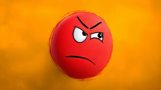 Red angry face with a frowning mouth. The face is surrounded by a yellow background. Scene is negative and angry