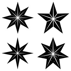 Obraz premium Four black star shapes with varying points and internal designs on a white background illustration