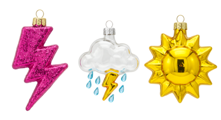 Set of three colorful Christmas tree ornaments shaped like a pink lightning bolt, rainy cloud with lightning, and shiny golden sun, perfect for holiday decorations