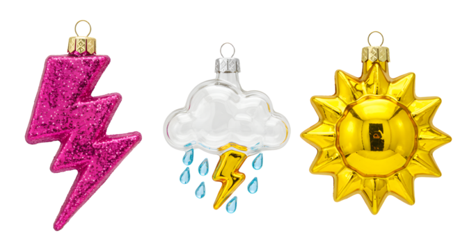 Set of three colorful Christmas tree ornaments shaped like a pink lightning bolt, rainy cloud with lightning, and shiny golden sun, perfect for holiday decorations