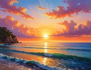 A vibrant sunset paints the coastal scene with warm hues, showcasing rolling waves against a rocky shore.