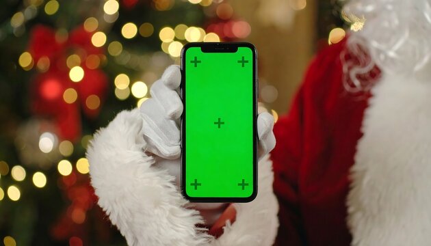A person dressed in a festive red suit and white gloves, holding up a black smartphone with a blank green screen. Ornaments and lights are behind the person