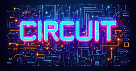 Bright neon word circuit over complex electronic pathways. Blue, orange hues dominate dark background. Futuristic design.