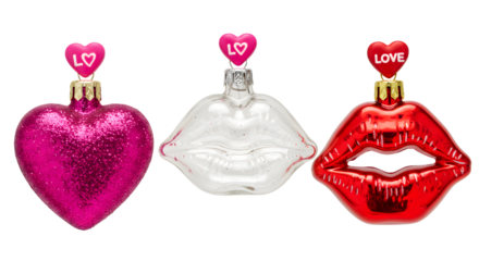 Set of three Valentine's Day themed Christmas ornaments shaped like a glittery pink heart, white lips, and red lips, perfect for festive holiday decoration