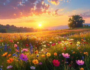 A vibrant field of wildflowers bursts into color at sunrise, bathed in golden light and filled with the joy of a new day.
