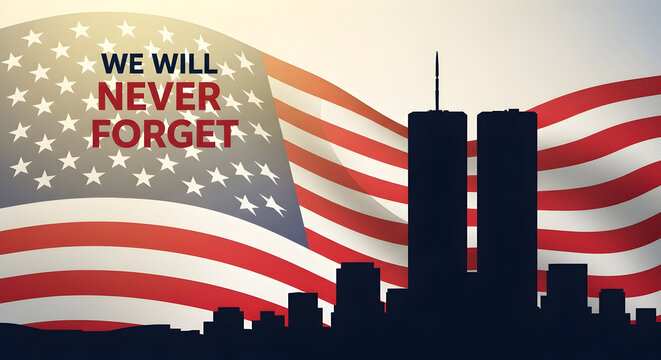 September 11th Remembrance: A silhouette of the Twin Towers with waving United States flag - Powered by Adobe