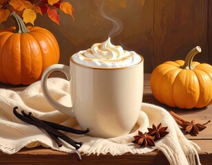 A steaming mug of pumpkin spice latte rests on a rustic wooden surface, surrounded by autumnal elements.
