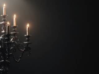 Ornate Black Candelabra with Lit Candles in Dark, Moody Setting