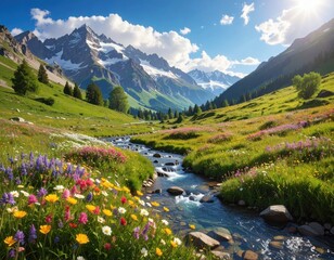 A vibrant alpine meadow bursts with colorful wildflowers along a babbling brook, nestled beneath snow-capped mountains.