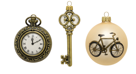 Vintage pocket watch, antique skeleton key, and Christmas bauble with bicycle design on white background, perfect for holiday collections