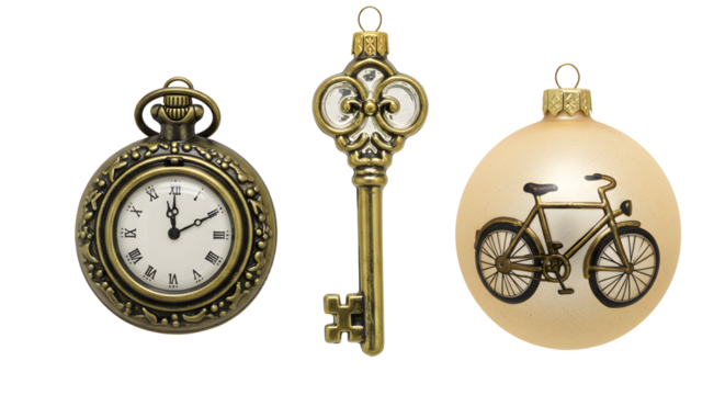 Vintage pocket watch, antique skeleton key, and Christmas bauble with bicycle design on white background, perfect for holiday collections