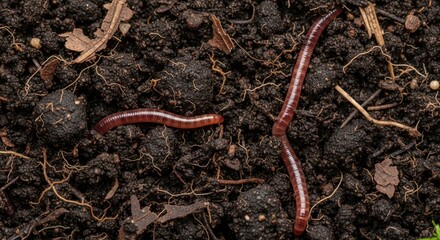 Earthworms crawling on dark fertile soil and plant detritus closeup