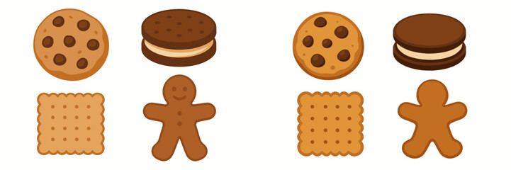 Assortment of delicious baked cookies and biscuits including chocolate chip, sandwich, and gingerbread man