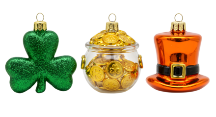 St. Patrick's Day glass ornaments set with glitter shamrock, jar of gold coins, and orange hat, festive decoration perfect for holiday celebrations