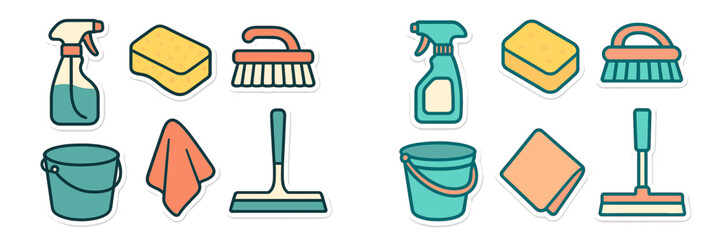 Set of essential household cleaning tools and supplies including spray bottle, sponge, brush, bucket, cloth, and squeegee for domestic hygiene