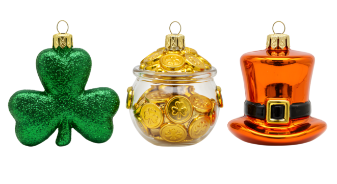 St. Patrick's Day glass ornaments set with glitter shamrock, jar of gold coins, and orange hat, festive decoration perfect for holiday celebrations - Powered by Adobe