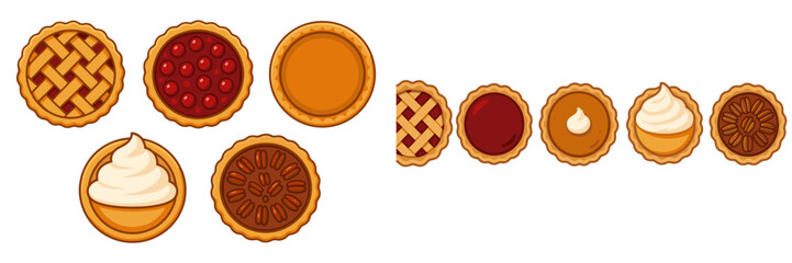 Variety of classic dessert pies and tarts, including cherry, pumpkin, and pecan, some with whipped cream