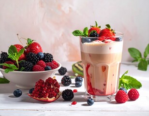 A refreshing beverage, garnished with vibrant berries and topped with whipped cream, sits beside a bowl of mixed berries and pomegranate.