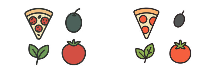 Delicious pizza slice, fresh olive, ripe tomato, and green basil leaf for Italian cuisine and cooking ingredients