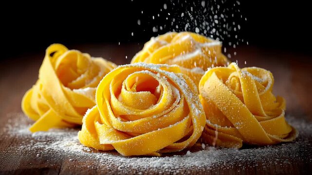 Close up of four yellow noodles with powdered sugar on top. The noodles are arranged in a circular pattern, with some overlapping each other. Concept of warmth and comfort