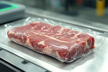 Fresh raw meat sealed in vacuum packaging on conveyor belt, ready for processing or storage, highlighting food preservation and packaging technology