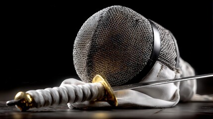 A close-up of a fencing mask and sword, resting on a surface with a dark background, This image can be used for sports-related content, articles on fencing, or promotional material for martial arts,