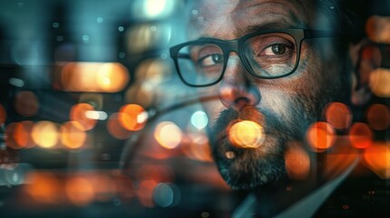 Man looking through city lights at night