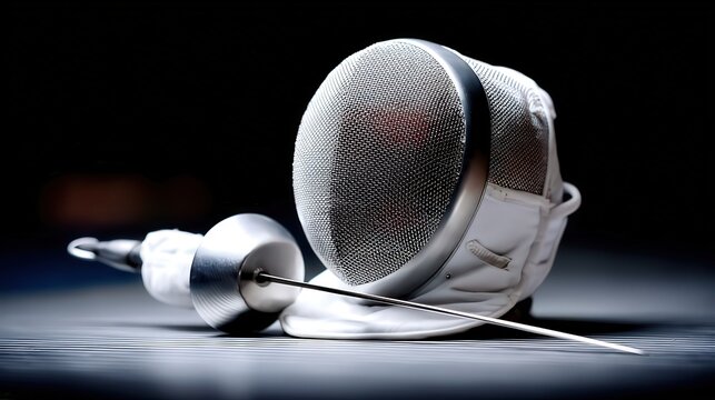 A close-up of a fencing mask and sword, highlighting their metallic and fabric textures, ideal for sports articles, training guides, or competitions in fencing