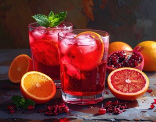 Two vibrant glasses of refreshing red beverage, garnished with citrus slices, pomegranate seeds, and fresh mint, on a dark stone surface.