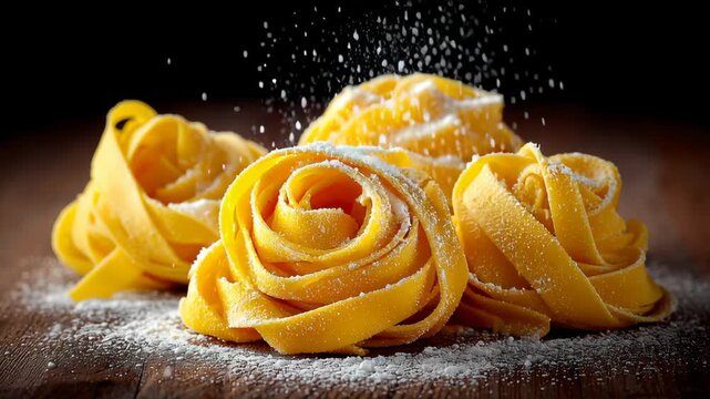Close up of four yellow noodles with powdered sugar on top. The noodles are arranged in a circular pattern, with some overlapping each other. Concept of warmth and comfort